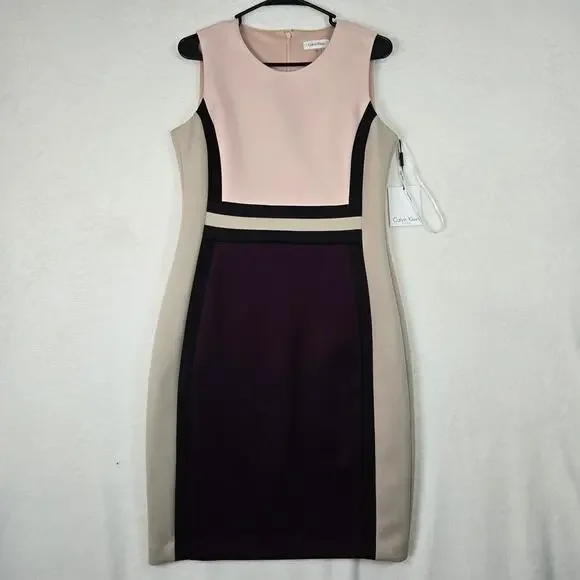 Calvin Klein Color Block Sheath Dress Womens 10 Knee Length Sleeveless 0679 - Picture 2 of 10